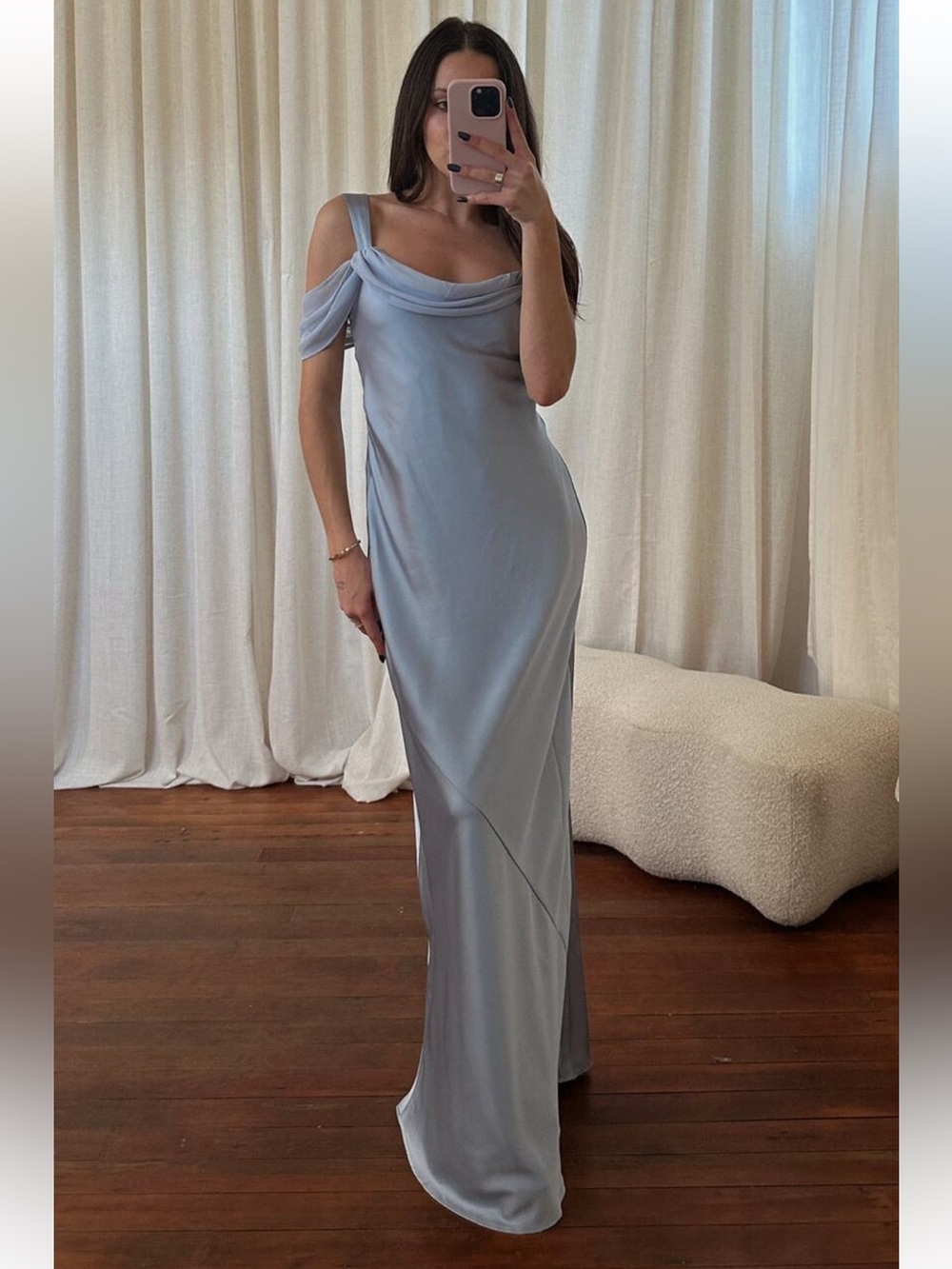 Show Me Your Mumu Bella Maxi Dress in Steel Blue Luxe Satin XS NWT